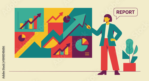Flat vector illustration of a digital marketer presenting performance report, standing beside abstract chart board, solid colour blocks, flat vector illustration