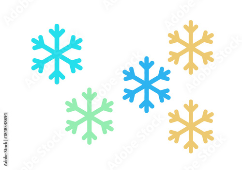 Collection of five colorful snowflake icons in shades of blue, cyan, green, and yellow