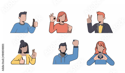 Minimal cartoon people characters showing happy emotions and positive body language gestures