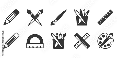 Art and Drawing Tools Icons with Pencils Brushes Ruler Protractor and Palette supplies stationery