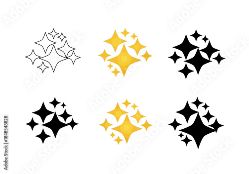 Set of six sparkling star icons in outline, solid black, and gold glitter styles