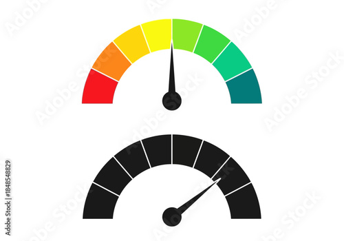 Two speedometer or gauge icons showing measurement levels, one colored and one black silhouette