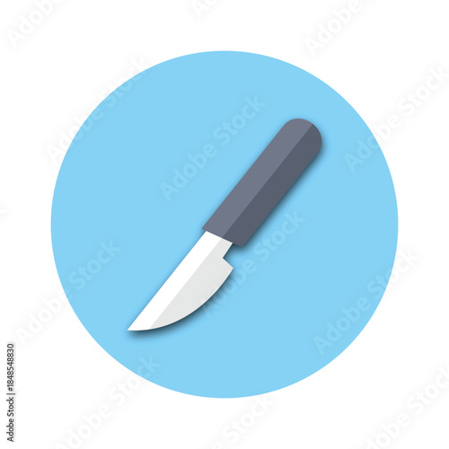 Minimalist illustration of a small kitchen knife or utility knife on blue circle background vector icon