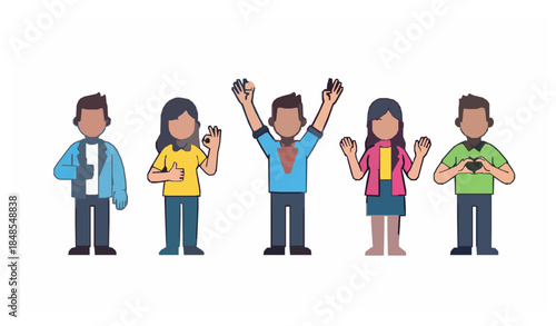 Happy cartoon people showing positive hand gestures and body language flat vector illustration
