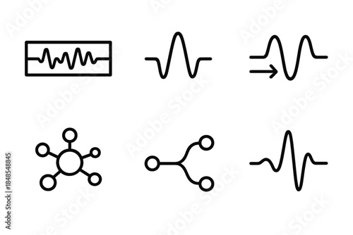 Brainwave Icon Set. Brainwave Visualization Elements linear set: waveform strip, amplitude peak, phase shift arrow, neural node, signal path, pulse curve.