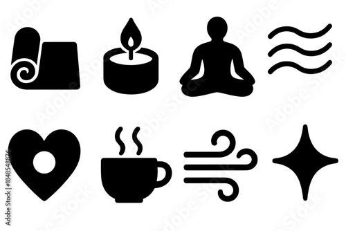 Holistic Icon Set. Holistic Wellness Balance silhouette set: yoga mat, soothing candle, posture silhouette, energy flow lines, mindful heart, restorative cup, nature breeze,