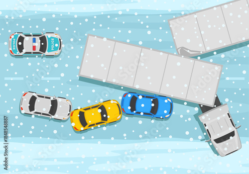 Car driving rules and tips in winter season. Massive traffic accident scene on icy road. Top view. Heavy vehicle blocked all the traffic. Police came to investigate. Flat vector illustration template.