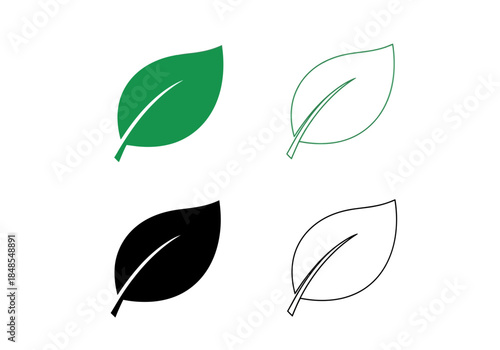 Set of four simple leaf icons in different styles solid green, outline green, solid black, and outline black