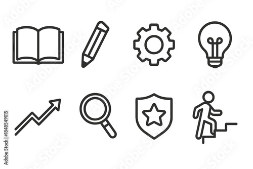 Skill Development Icons. Learning and Skill Development Icons Set linear set: open book, pencil line, practice wheel, idea spark, growth arrow, focus lens, skill badge, steady