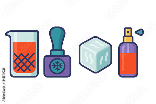 Modern Cocktail Icons. Craft Cocktail Set flat set: mixing glass, ice stamp block, aromatic mist sprayer.