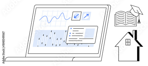 Remote education, data analysis, online training, home learning, digital education tools, academic growth. A laptop with graphs and icons, an academic book and a house icon. Remote education