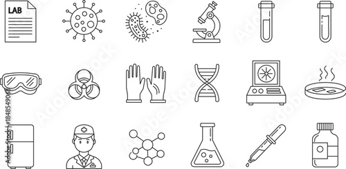 Science and Biology Laboratory Thin Line Icon Set - Medical Research, Microbiology, and Genetics Vector Illustrations
