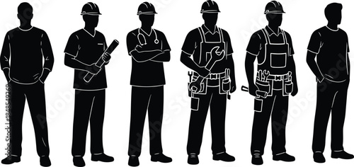 Professional worker silhouettes showcasing various occupations, including casual, medical staff, engineering, and construction tradesmen, representing essential labor force diversity