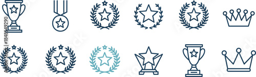 Award icons trophy medal laurel wreath and crown symbols star