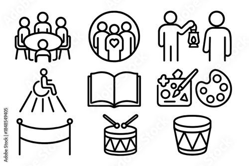 Inclusive Gathering Symbols. Inclusive Gathering linear set: roundtable meeting, diversity symbol, accessible pathway, handheld lantern of unity, open book of stories, shared craft