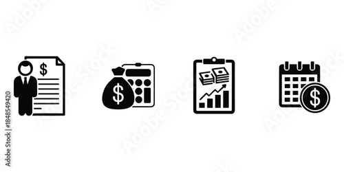 Business finance icons including document calculator chart calendar coin money contract