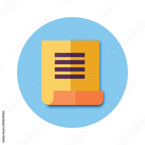 Flat design icon of a document or note with text lines inside a sky blue circle vector illustration