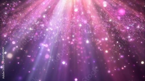 Vibrant abstract background with shimmering purple and pink light rays and sparkling particles.