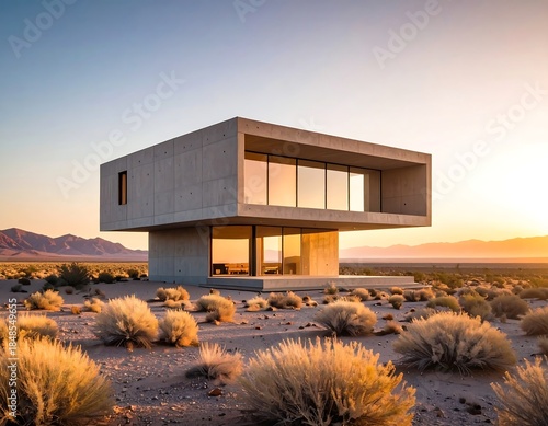 Modern concrete home floats above a desert landscape at sunset, showcasing large windows and a minimalist design