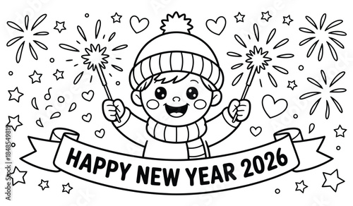 Happy new year 2026 coloring page for children kid in winter hat with sparklers