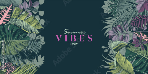 Tropical banner with plants and palm leaves