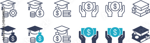 Education and finance icons with graduation cap, money bag, and books mortarboard