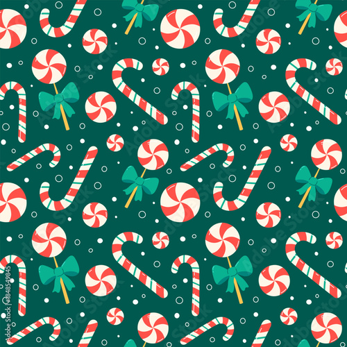 Christmas candy seamless pattern. Vector illustration of cute lollipops and candy canes on green background. Colorful festive Xmas pattern with simple sweet holiday elements and decorative doodles