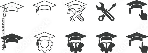 Education Icons Graduation Caps and Tools Set vector illustration