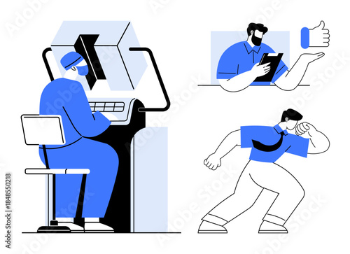 Workplace productivity, teamwork, remote work, office management, decision-making, concept art. People working on computers, using a tablet giving a thumbs up. Workplace productivity and teamwork