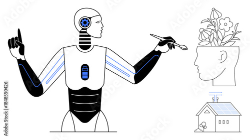 Humanthumbs up robot with glowing circuits planting flowers on a head, next to an eco-friendly solar-powered home. Ideal for AI, sustainability, creativity, clean energy, future technology