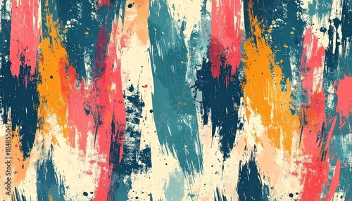 Vibrant abstract painting with colorful brushstrokes in shades of pink, orange, teal, and cream on a textured background.