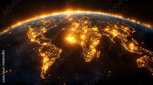 View of Earth from space showing city lights and land in darkness during nighttime