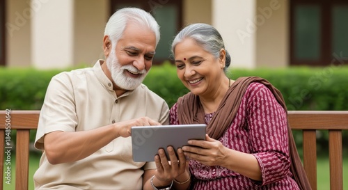 Happy Indian Senior Couple Using Digital Tablet Outdoors