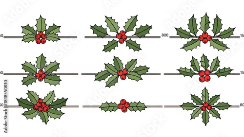 Collection of festive holly leaf and berry dividers traditional Christmas and winter holiday decorative elements isolated on white backgroun