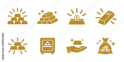 Gold Bar Icons Showing Stacks Single Bar Safe Hand Holding Gold and Money Bag ingot bullion