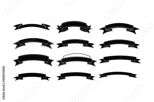 Black Ribbon Banners Set, Vintage Vector Decorative Ribbon Labels and Arch Curvatures for Graphic Design