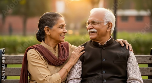 Contented elderly Indian couple smiling on a park bench