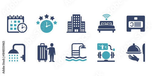 Hotel Service Icons Featuring Calendar Clock Building Bed Wi- Fi Shower Suitcase Pool Gym and Food