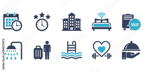 Hotel Service Icons Featuring Amenities, Travel, and Leisure vector illustration