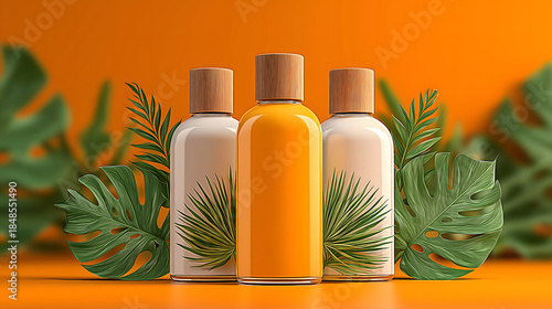Three cosmetic bottles with wooden caps surrounded by tropical leaves AI Generated