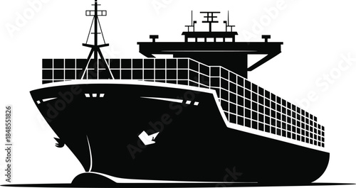 Black and white cargo ship with containers and crane