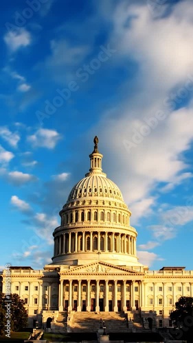 Iconic government building with a large dome glowing at sunset under a blue sky