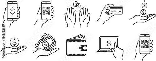 Mobile payment and financial transaction icons with smartphone and wallet finance