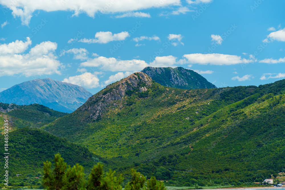 Fototapeta premium beautiful landscape with a view of the mountains covered with forest on a bright sunny day
