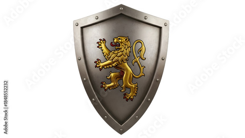 Metal shield with golden lion emblem isolated on a transparent background heraldry