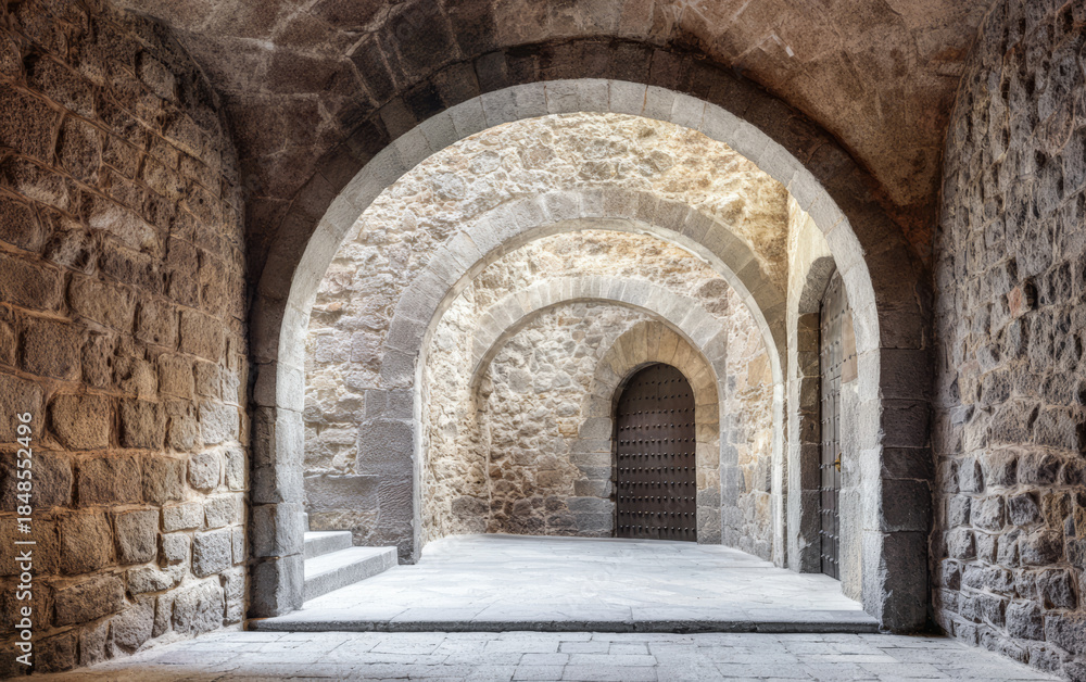 Fototapeta premium Arched stone passage in an old building with multiple doorways and a smooth floor in daylight
