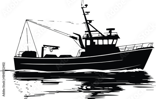 boat commercial fishing trawler outline in black and white