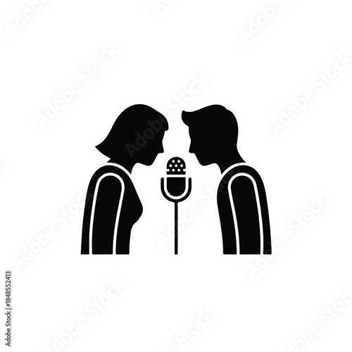 Professional communication icon featuring man and woman speaking into a shared microphone, symbolizing interviews, podcasts, or discussions
