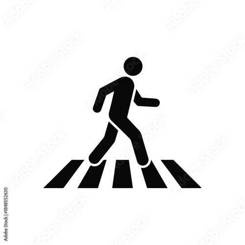 Simple black silhouette icon representing a pedestrian walking on a zebra crosswalk, emphasizing urban safety and movement for individuals