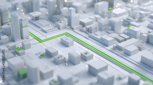 Minimal Smart City Skyline with Green Route Path, Sustainable Mobility Concept